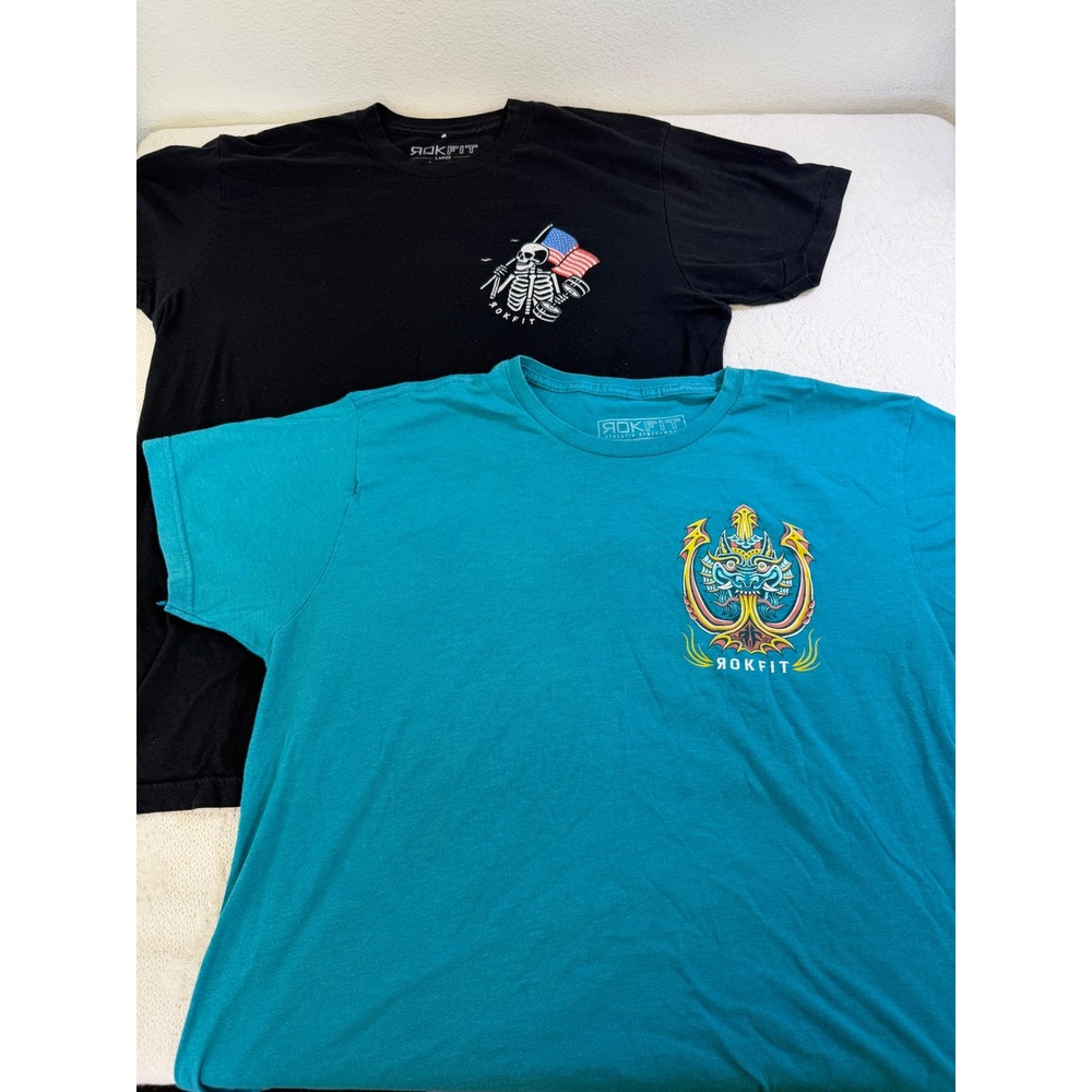 2 Rokfit Graphic T-Shirts Bundle Mens Large Black Teal Lift Free Or Die Gym Tees